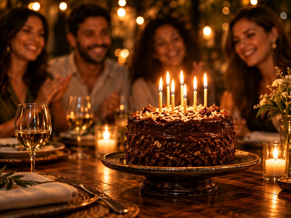 Bolo de chocolate com velas acesas e amigos ao fundo
