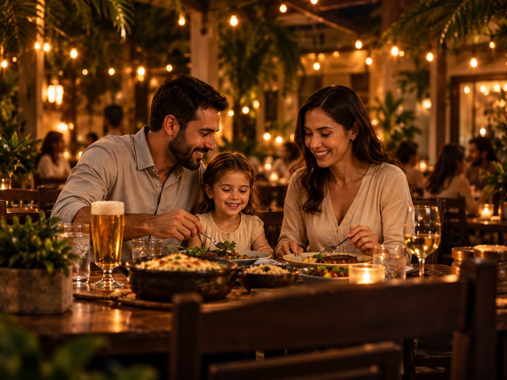 Casal com a filha à mesa na varanda